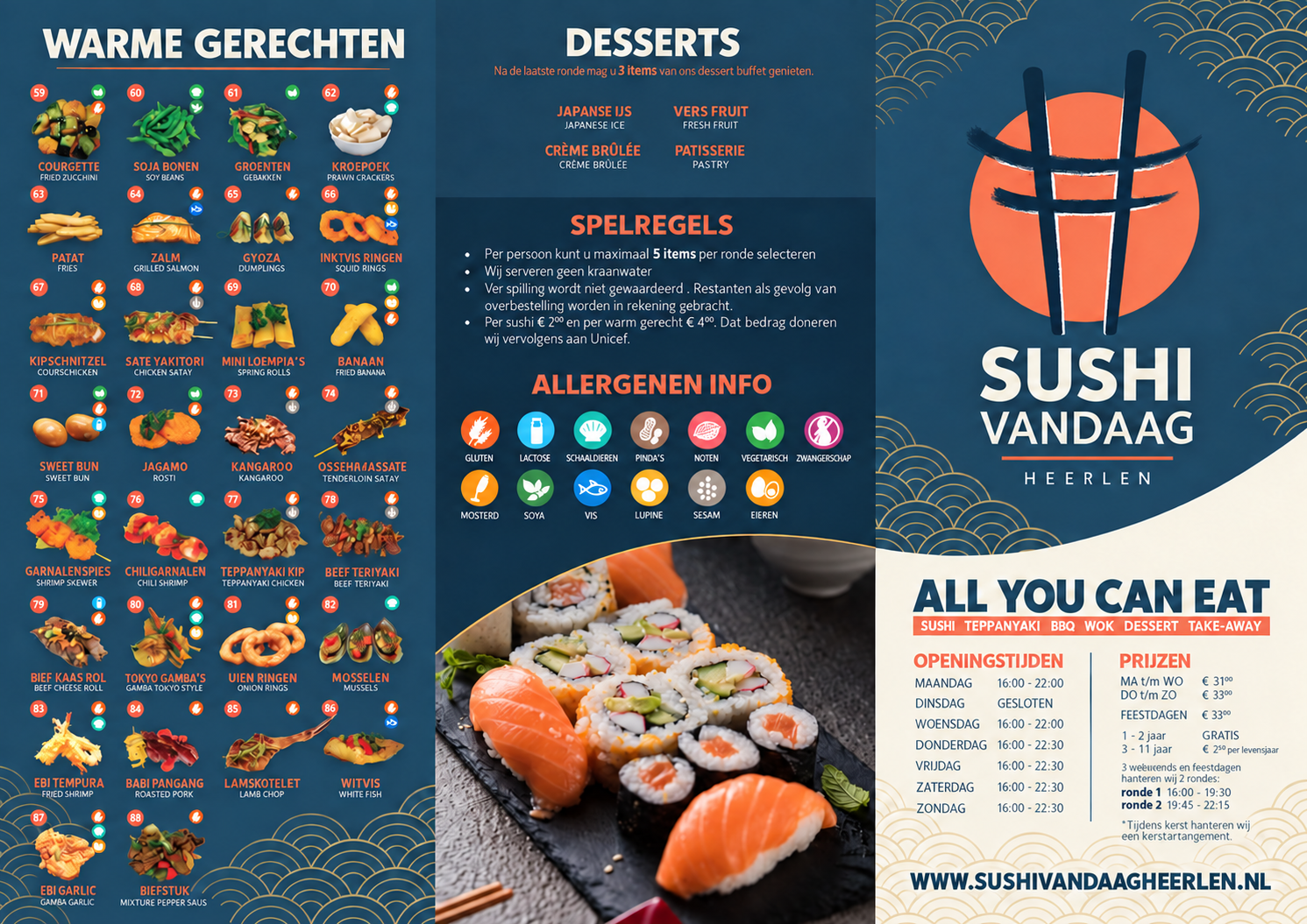 Menukaart Sushi Vandaag Heerlen – warme gerechten, desserts, spelregels en openingstijden