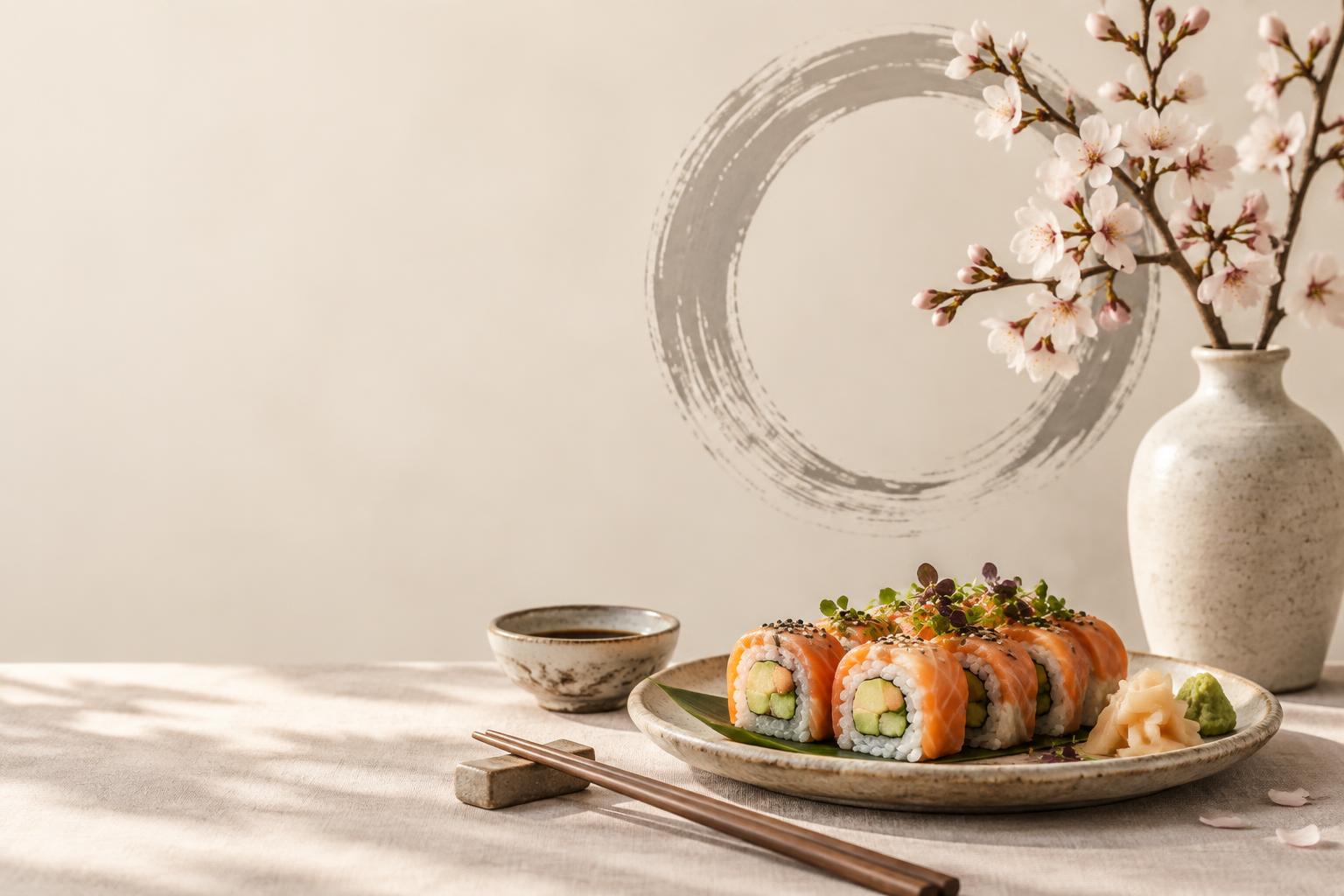 Sushi met kersenbloesem op een rustige tafel