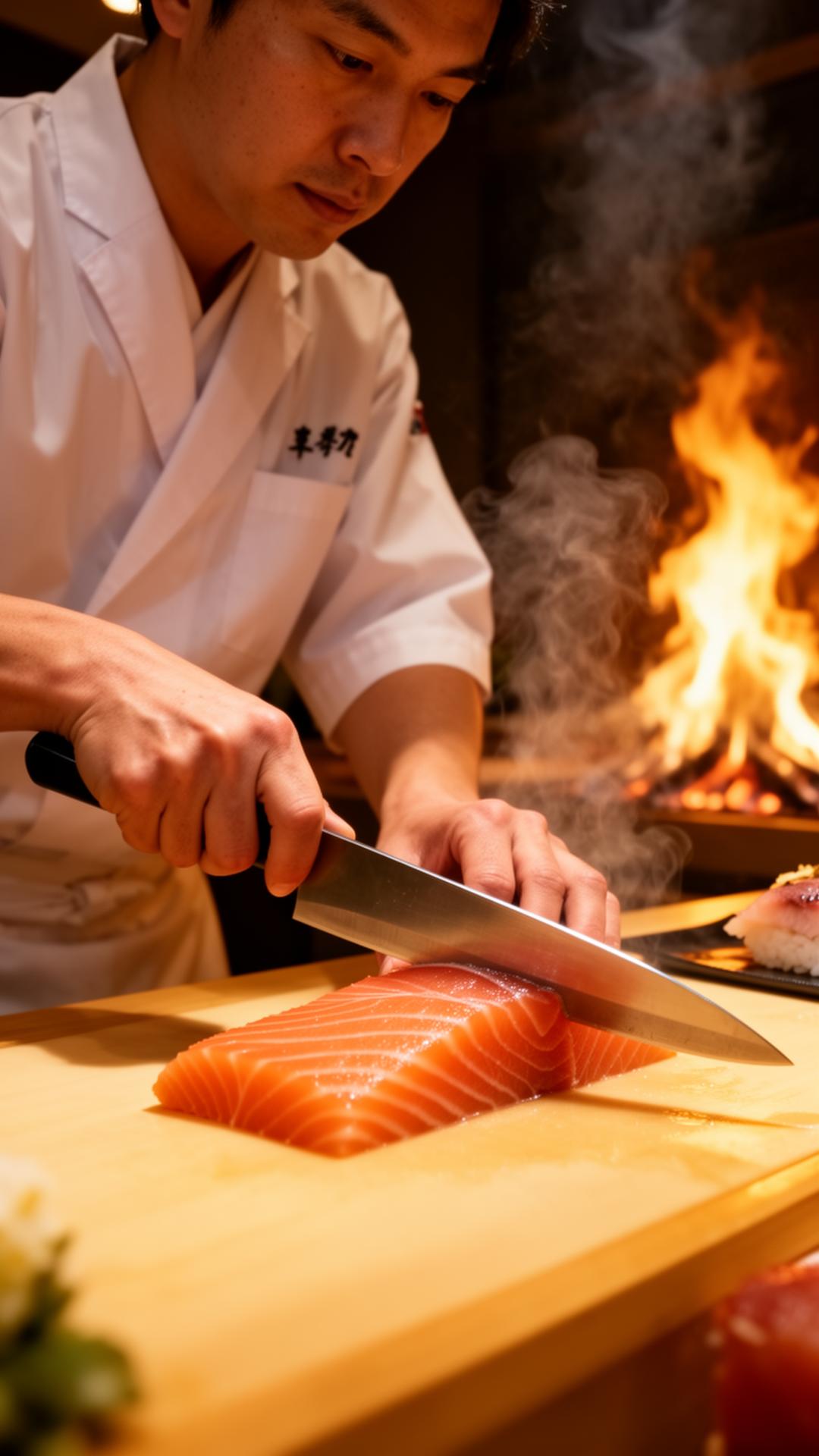Sushi-chef snijdt zalm