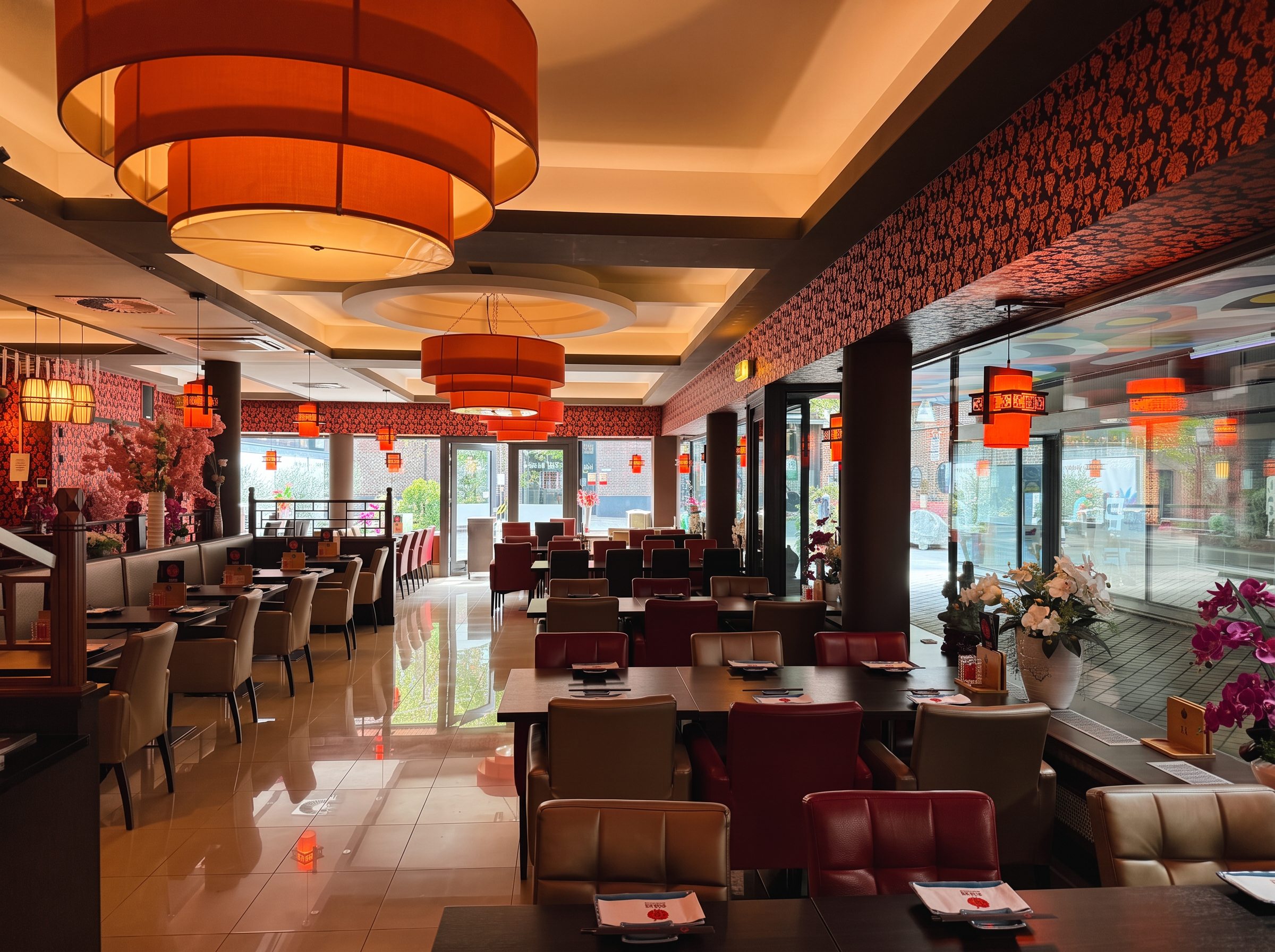 De zaal van Sushi Vandaag Heerlen met warme lampen